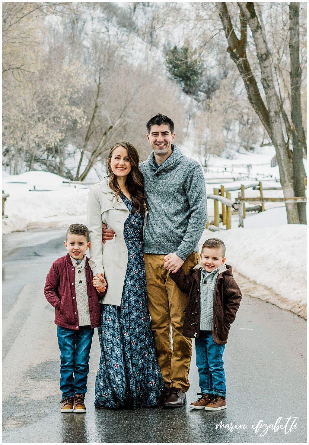 Family pictures of a family of four at Big Springs Park in Provo Canyon in the snow shot by Maren Elizabeth Photography in March. | Arizona Family Photographer