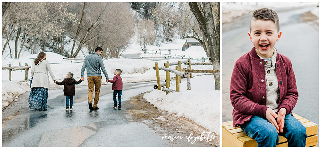 Family pictures of a family of four at Big Springs Park in Provo Canyon in the snow shot by Maren Elizabeth Photography in March. | Arizona Family Photographer