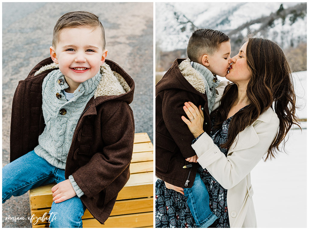 Family pictures of a family of four at Big Springs Park in Provo Canyon in the snow shot by Maren Elizabeth Photography in March. | Arizona Family Photographer