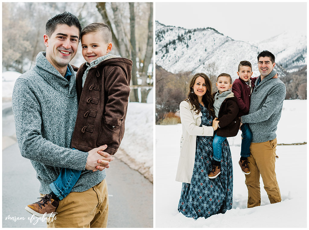 Family pictures of a family of four at Big Springs Park in Provo Canyon in the snow shot by Maren Elizabeth Photography in March. | Arizona Family Photographer