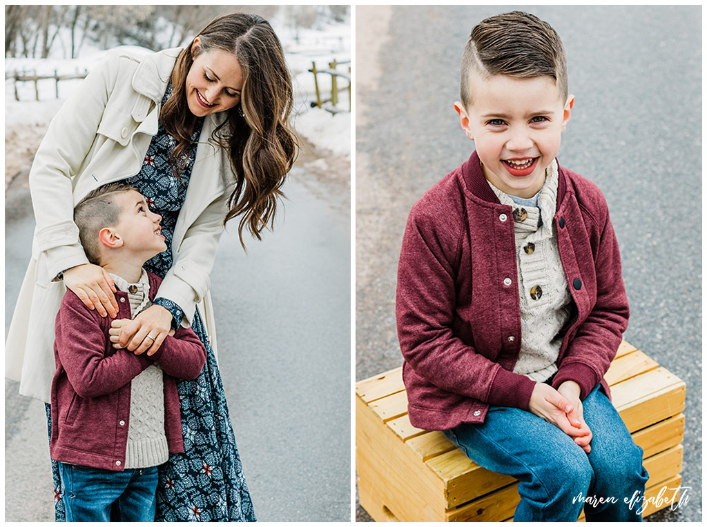 Family pictures of a family of four at Big Springs Park in Provo Canyon in the snow shot by Maren Elizabeth Photography in March. | Arizona Family Photographer