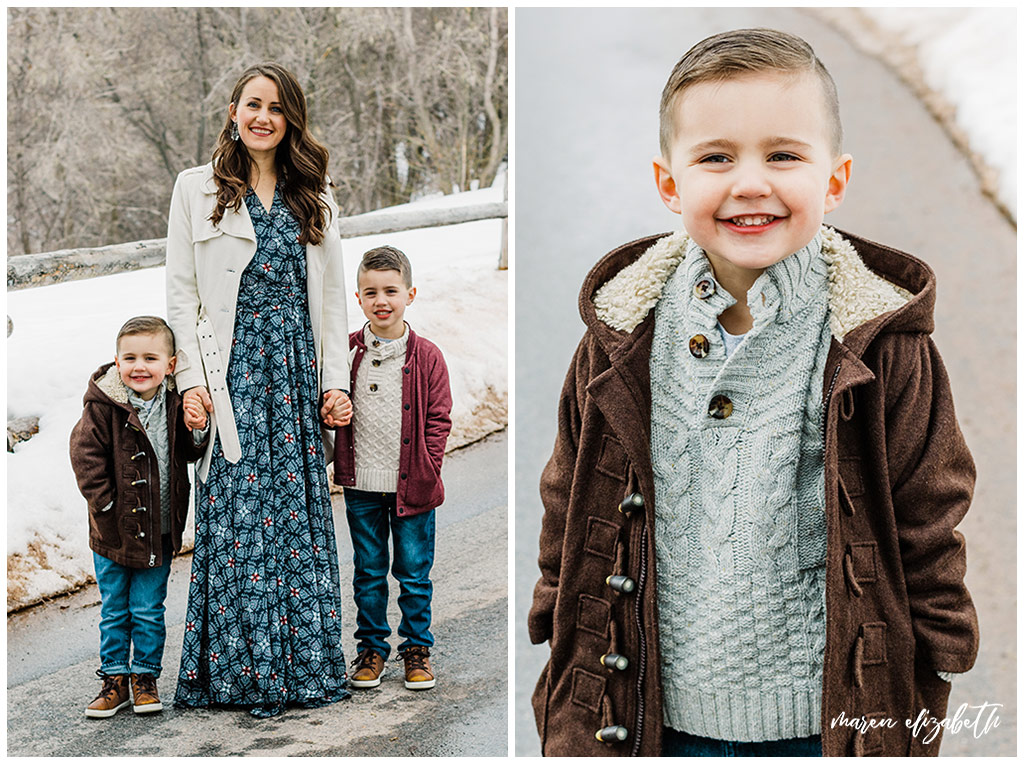 Family pictures of a family of four at Big Springs Park in Provo Canyon in the snow shot by Maren Elizabeth Photography in March. | Arizona Family Photographer