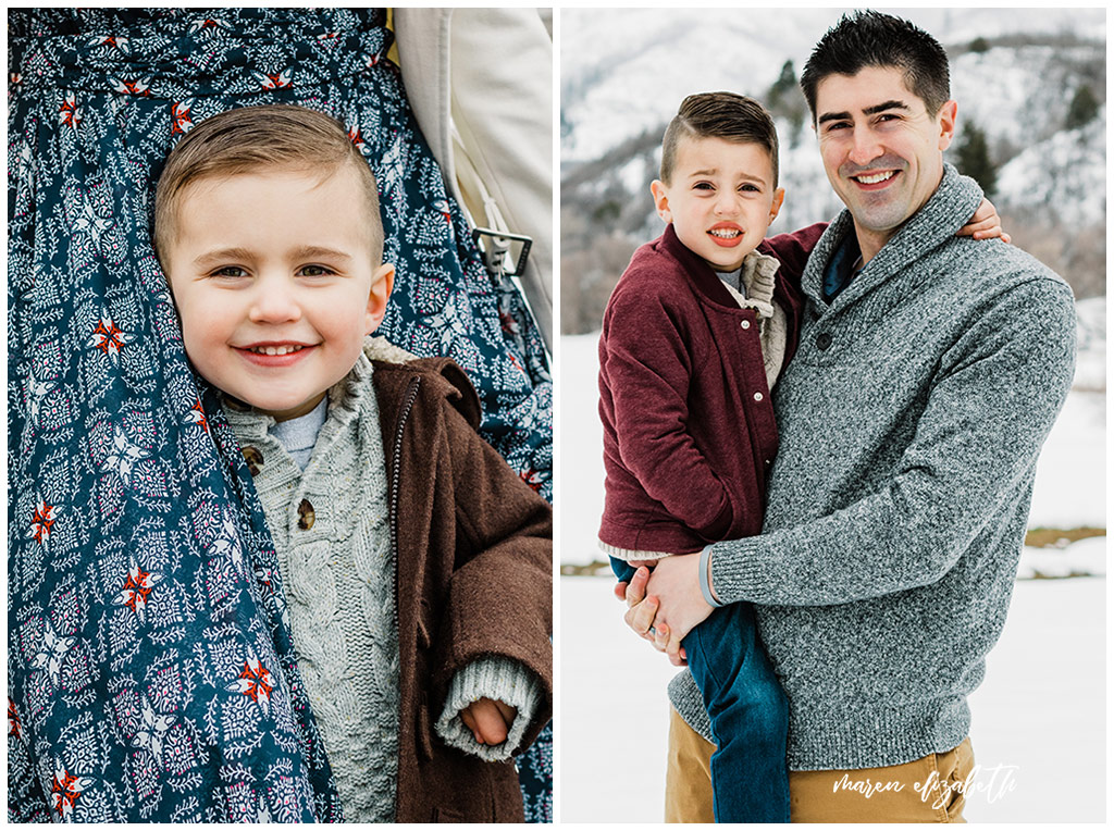 Family pictures of a family of four at Big Springs Park in Provo Canyon in the snow shot by Maren Elizabeth Photography in March. | Arizona Family Photographer