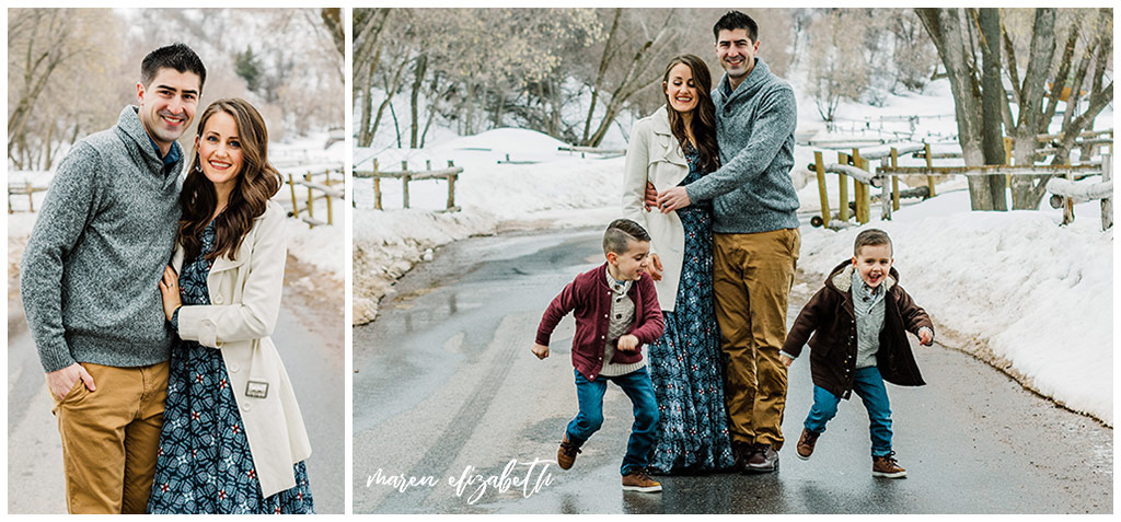 Family pictures of a family of four at Big Springs Park in Provo Canyon in the snow shot by Maren Elizabeth Photography in March. | Arizona Family Photographer