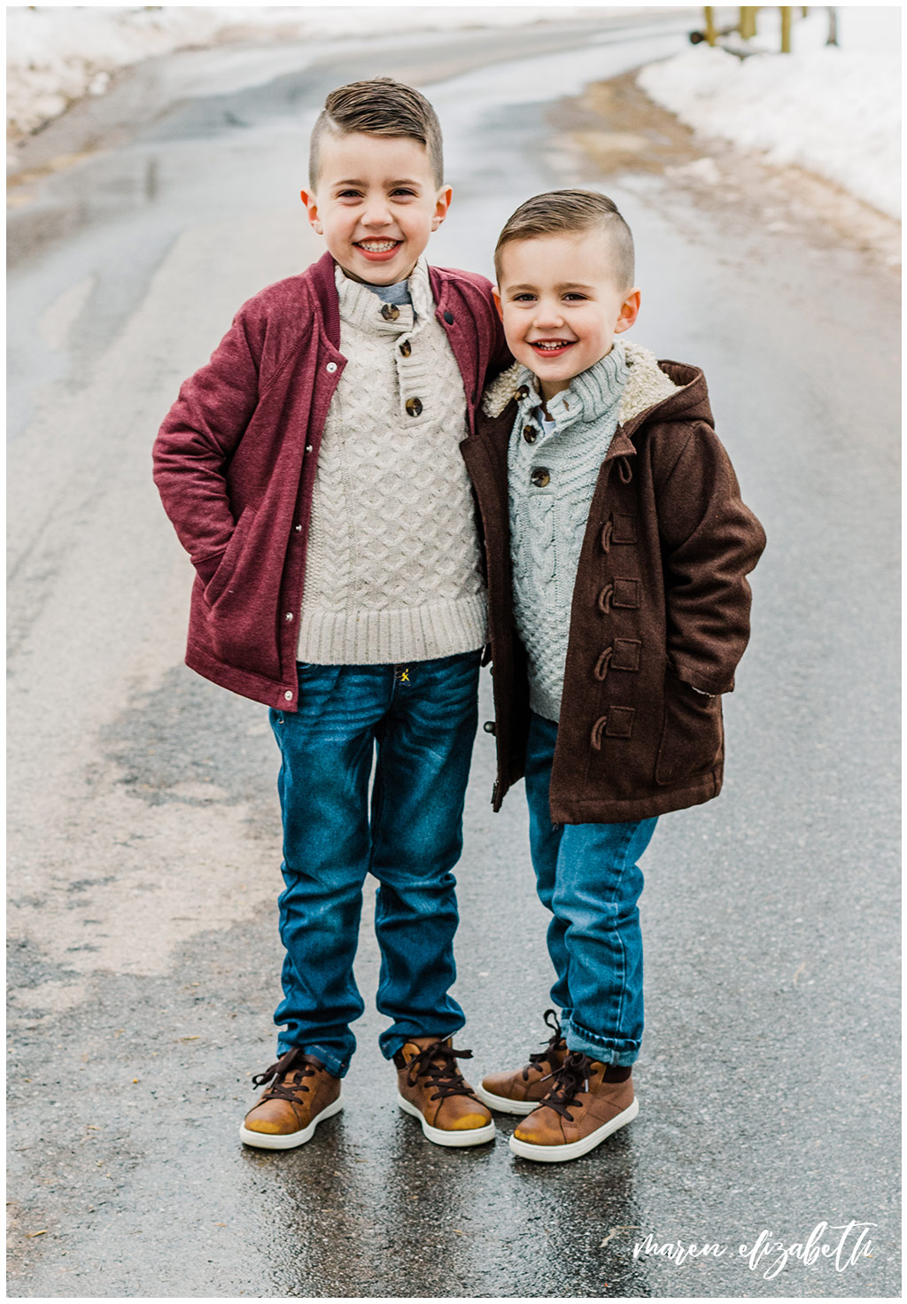 Family pictures of a family of four at Big Springs Park in Provo Canyon in the snow shot by Maren Elizabeth Photography in March. | Arizona Family Photographer