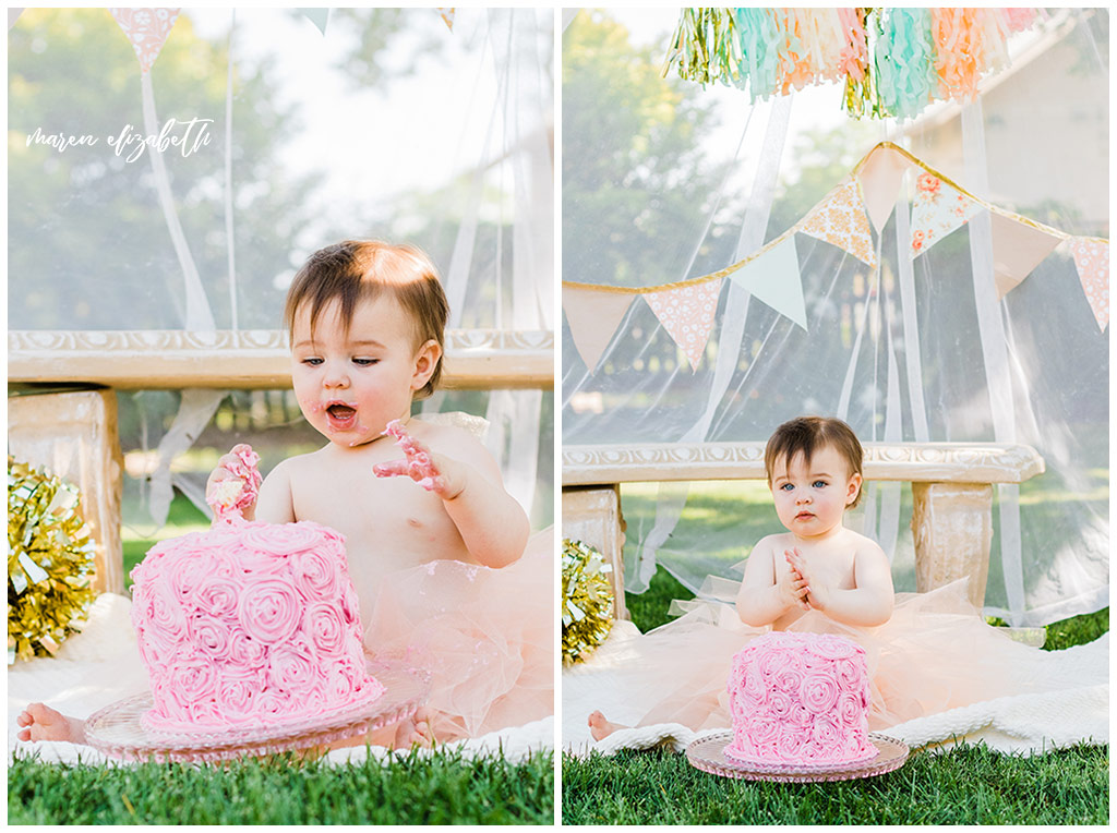 DIY Little Girl Cake Smash | Emi's one year old cake smash had a cute little girl theme. We got the decorations on the facebook marketplace and I made the cake myself. | Arizona Family Photographer | Maren Elizabeth Photography