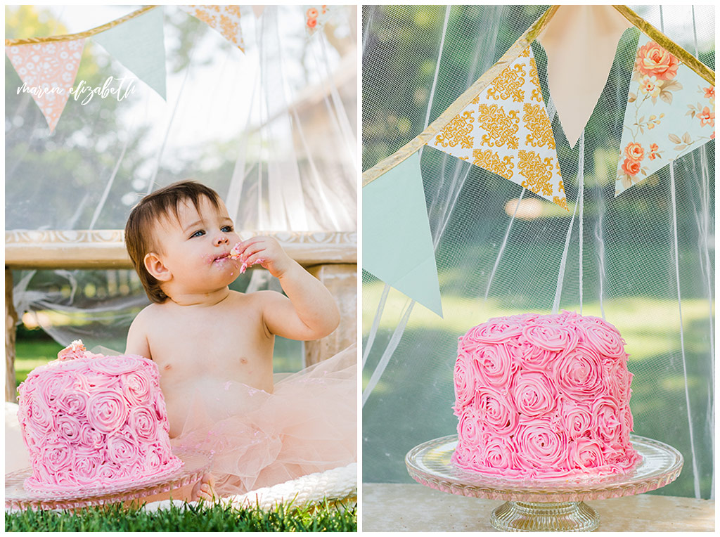 DIY Little Girl Cake Smash | Emi's one year old cake smash had a cute little girl theme. We got the decorations on the facebook marketplace and I made the cake myself. | Arizona Family Photographer | Maren Elizabeth Photography