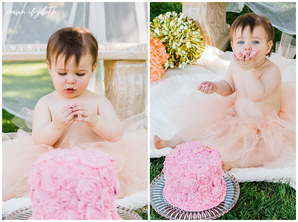 DIY Little Girl Cake Smash | Emi's one year old cake smash had a cute little girl theme. We got the decorations on the facebook marketplace and I made the cake myself. | Arizona Family Photographer | Maren Elizabeth Photography