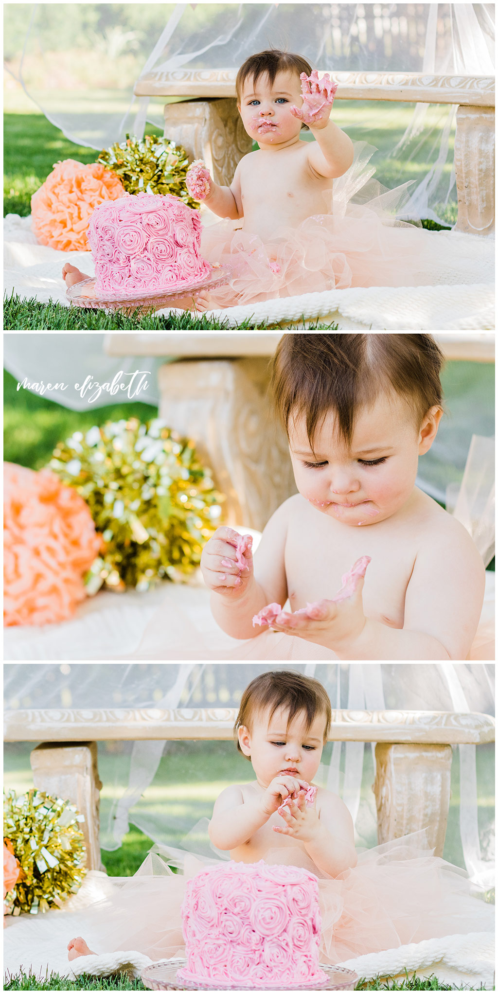 DIY Little Girl Cake Smash | Emi's one year old cake smash had a cute little girl theme. We got the decorations on the facebook marketplace and I made the cake myself. | Arizona Family Photographer | Maren Elizabeth Photography