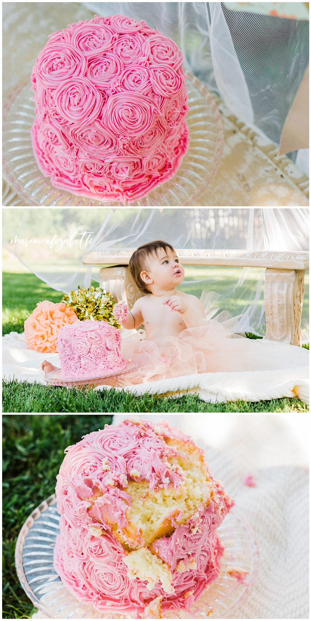 DIY Little Girl Cake Smash | Emi's one year old cake smash had a cute little girl theme. We got the decorations on the facebook marketplace and I made the cake myself. | Arizona Family Photographer | Maren Elizabeth Photography