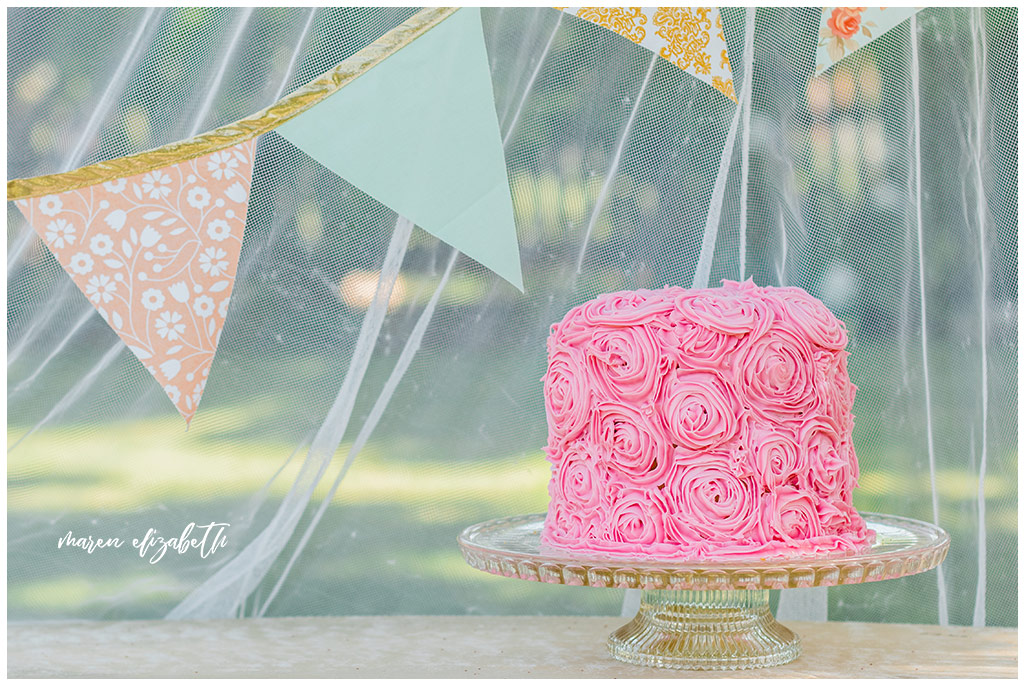 DIY Little Girl Cake Smash | Emi's one year old cake smash had a cute little girl theme. We got the decorations on the facebook marketplace and I made the cake myself. | Arizona Family Photographer | Maren Elizabeth Photography