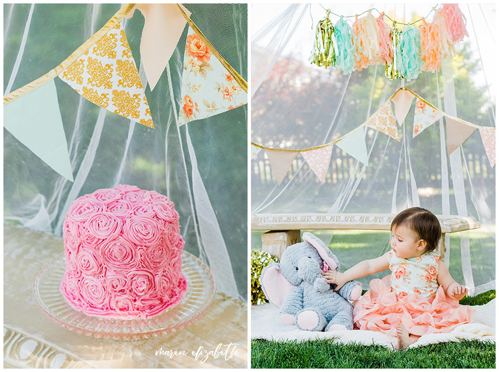 DIY Little Girl Cake Smash | Emi's one year old cake smash had a cute little girl theme. We got the decorations on the facebook marketplace and I made the cake myself. | Arizona Family Photographer | Maren Elizabeth Photography