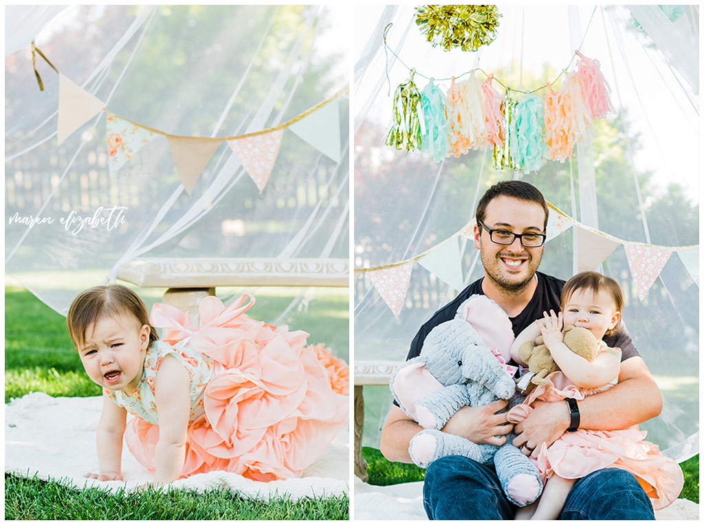 DIY Little Girl Cake Smash | Emi's one year old cake smash had a cute little girl theme. We got the decorations on the facebook marketplace and I made the cake myself. | Arizona Family Photographer | Maren Elizabeth Photography