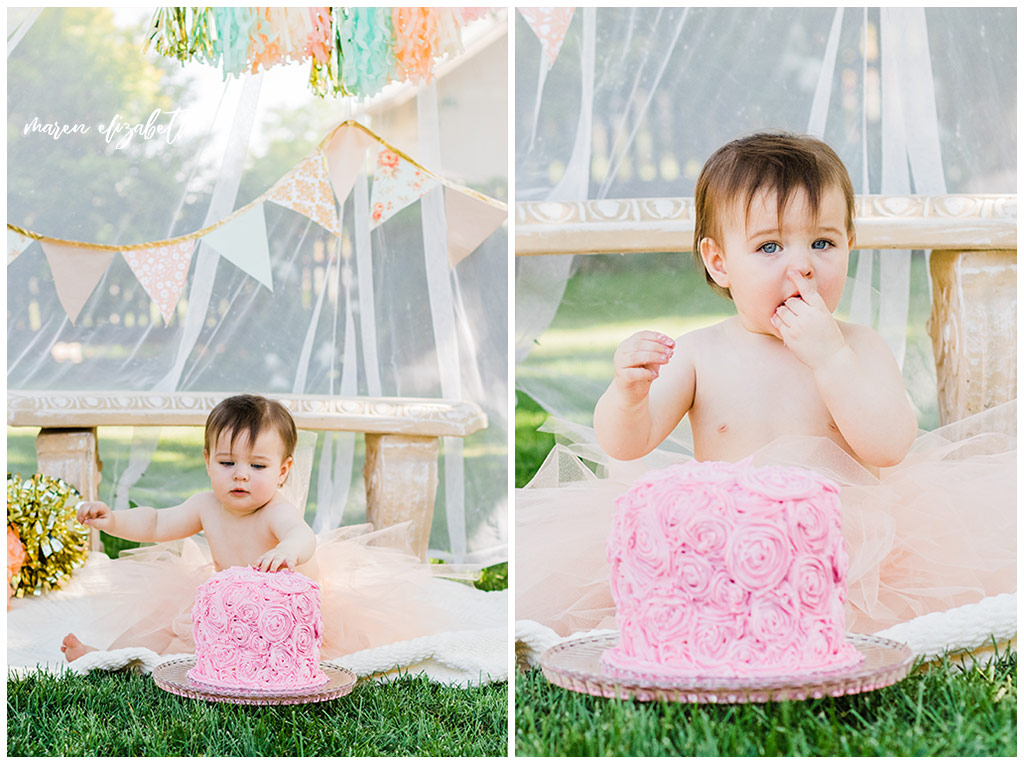 DIY Little Girl Cake Smash | Emi's one year old cake smash had a cute little girl theme. We got the decorations on the facebook marketplace and I made the cake myself. | Arizona Family Photographer | Maren Elizabeth Photography