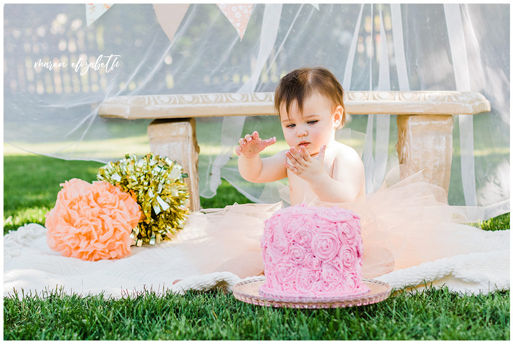 DIY Little Girl Cake Smash | Emi's one year old cake smash had a cute little girl theme. We got the decorations on the facebook marketplace and I made the cake myself. | Arizona Family Photographer | Maren Elizabeth Photography