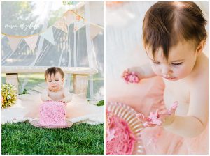 DIY Little Girl Cake Smash | Emi's one year old cake smash had a cute little girl theme. We got the decorations on the facebook marketplace and I made the cake myself. | Arizona Family Photographer | Maren Elizabeth Photography