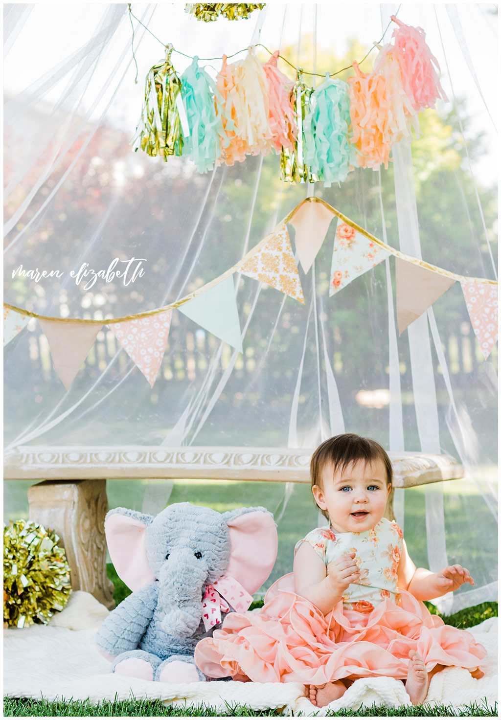 DIY Little Girl Cake Smash | Emi's one year old cake smash had a cute little girl theme. We got the decorations on the facebook marketplace and I made the cake myself. | Arizona Family Photographer | Maren Elizabeth Photography