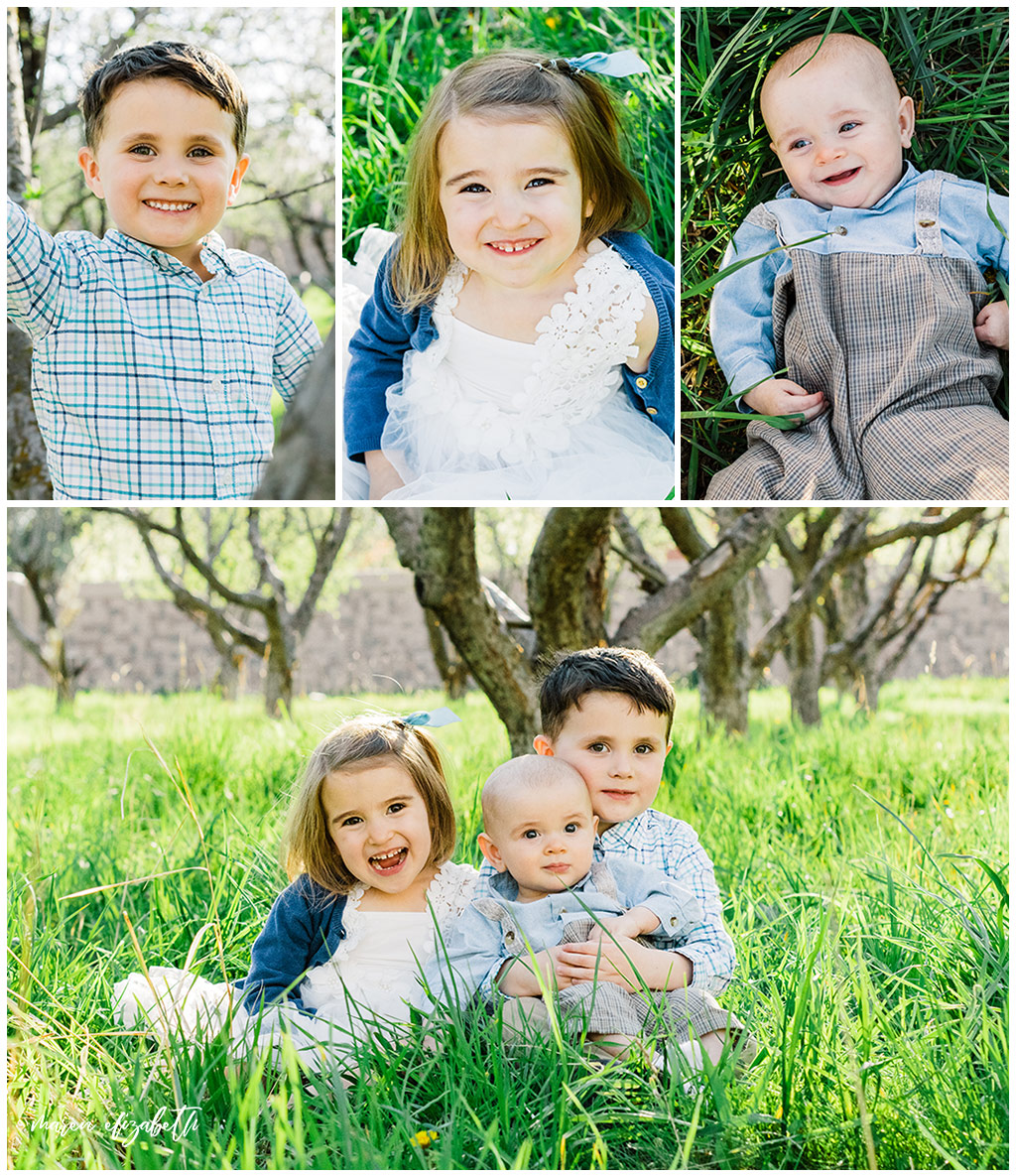 Provo Orchard Family Pictures in the spring. The family chose a neutral blue pallet for their outfits which was perfect for the season! | Gilbert Photographer