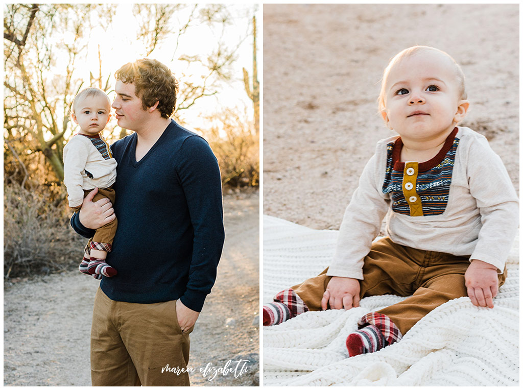 Usery Pass Family Pictures featuring a desert backdrop and navy and maroon coordinated outfits. Maren Elizabeth Photography | Gilbert, AZ