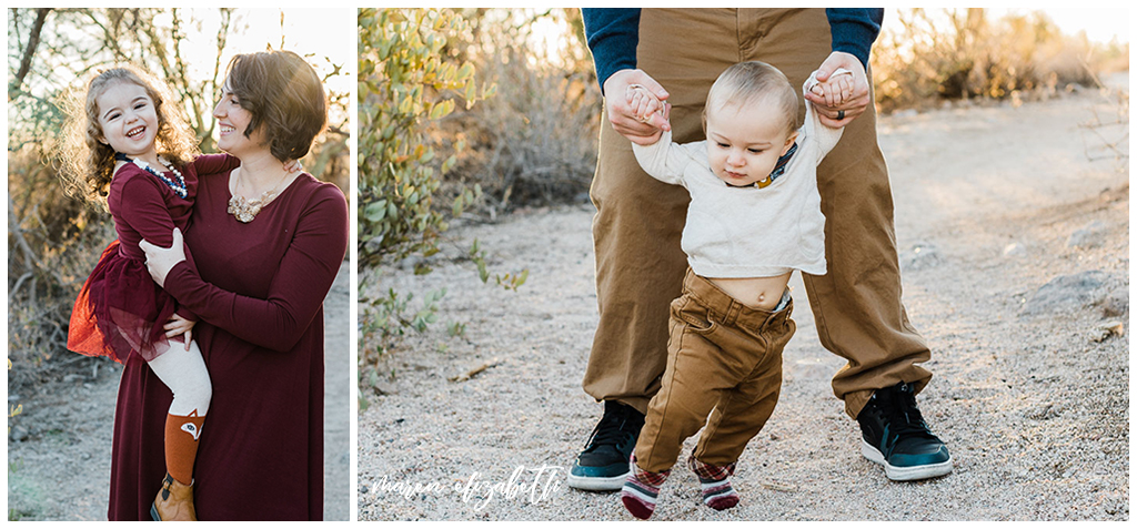 Usery Pass Family Pictures featuring a desert backdrop and navy and maroon coordinated outfits. Maren Elizabeth Photography | Gilbert, AZ