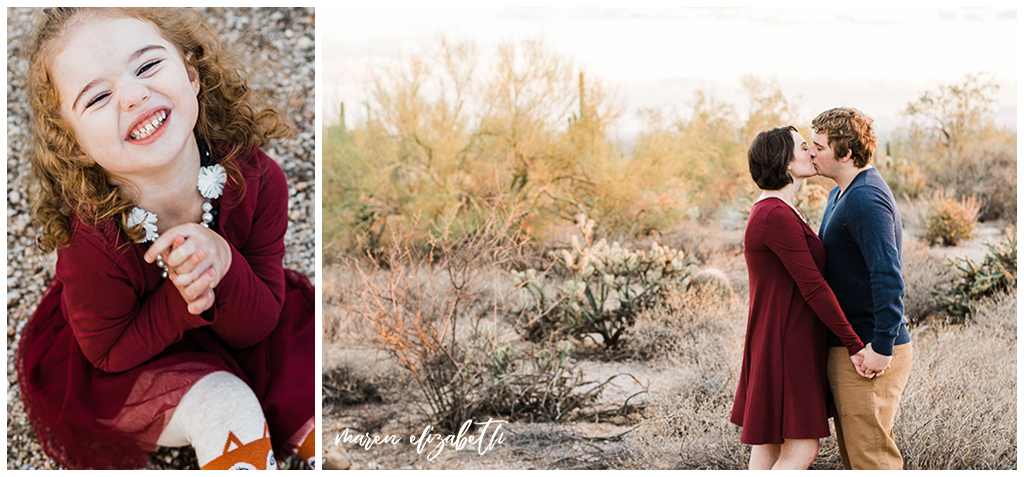 Usery Pass Family Pictures featuring a desert backdrop and navy and maroon coordinated outfits. Maren Elizabeth Photography | Gilbert, AZ