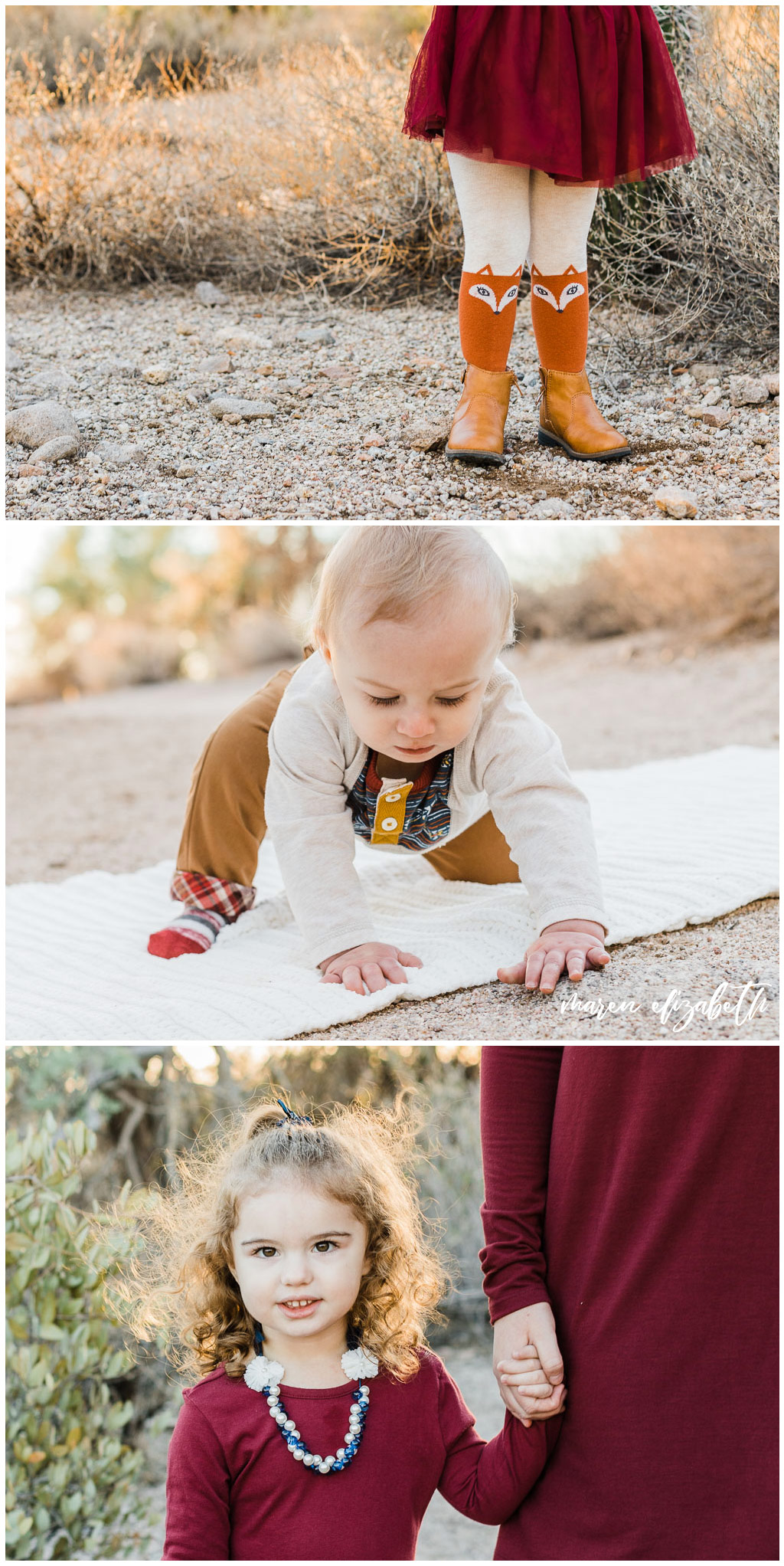 Usery Pass Family Pictures featuring a desert backdrop and navy and maroon coordinated outfits. Maren Elizabeth Photography | Gilbert, AZ