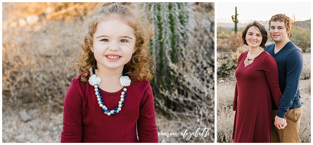 Usery Pass Family Pictures featuring a desert backdrop and navy and maroon coordinated outfits. Maren Elizabeth Photography | Gilbert, AZ