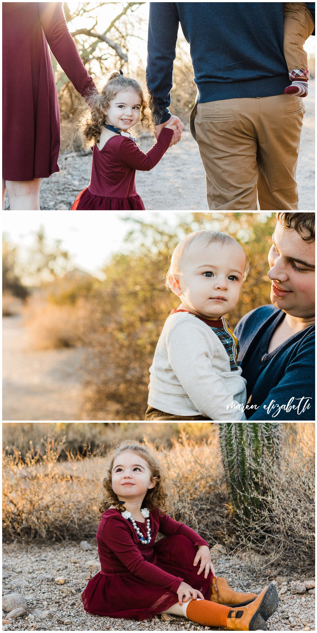 Usery Pass Family Pictures featuring a desert backdrop and navy and maroon coordinated outfits. Maren Elizabeth Photography | Gilbert, AZ