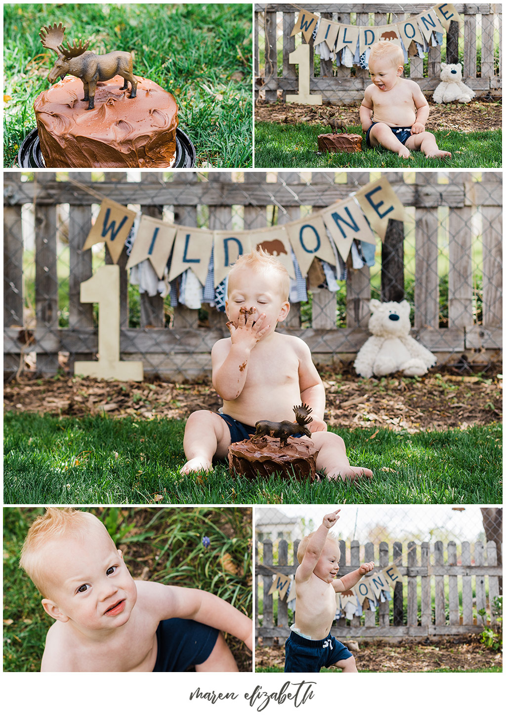 Outdoor, Wild One, little boy cake smash captured by Maren Elizabeth Photography. I love doing cake smashes outside because it makes clean up so easy! | Arizona Family Photographer