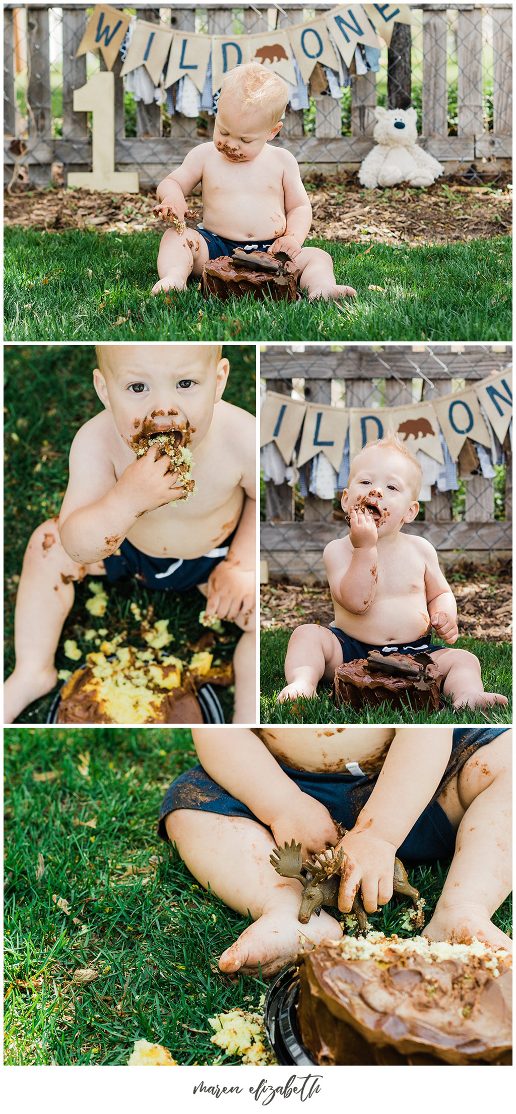 Outdoor, Wild One, little boy cake smash captured by Maren Elizabeth Photography. I love doing cake smashes outside because it makes clean up so easy! | Arizona Family Photographer