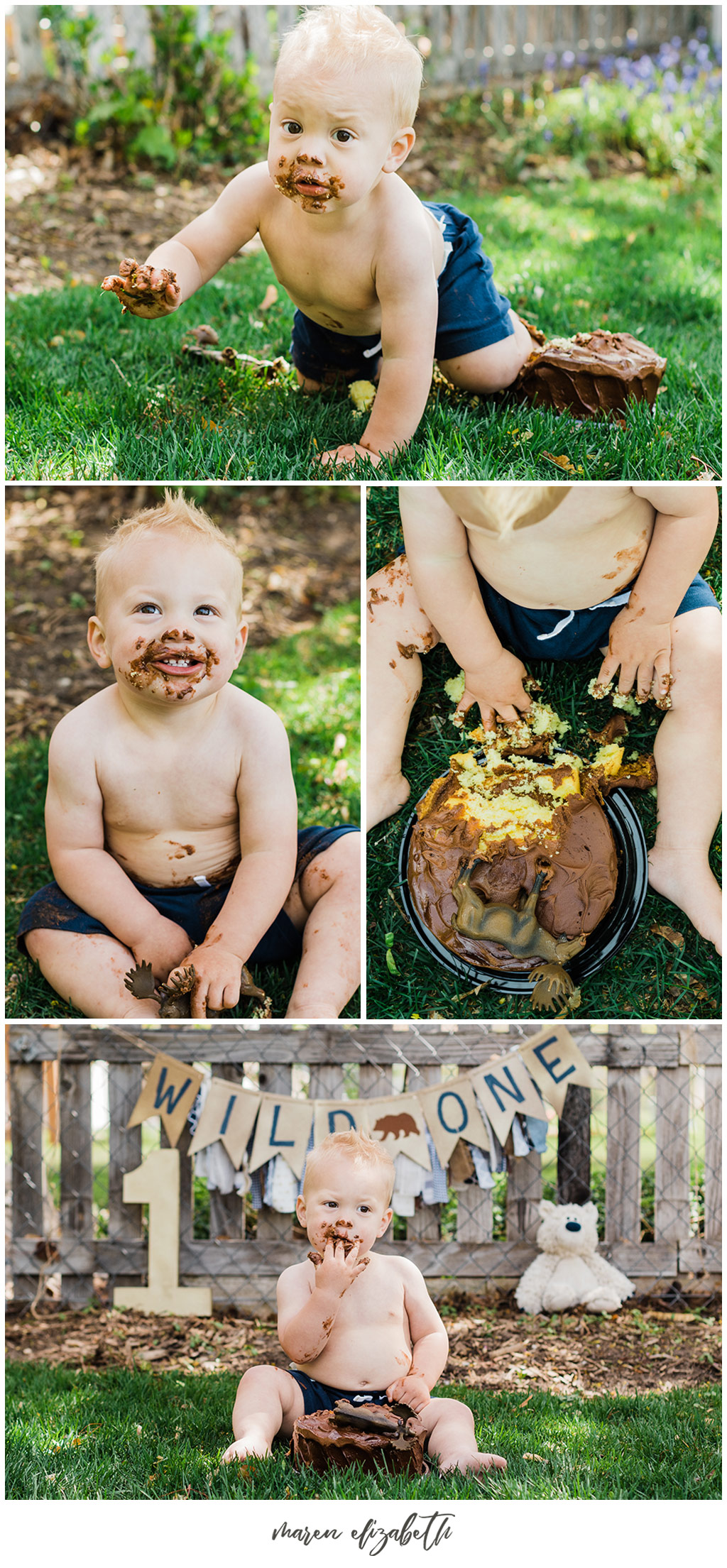 Outdoor, Wild One, little boy cake smash captured by Maren Elizabeth Photography. I love doing cake smashes outside because it makes clean up so easy! | Arizona Family Photographer