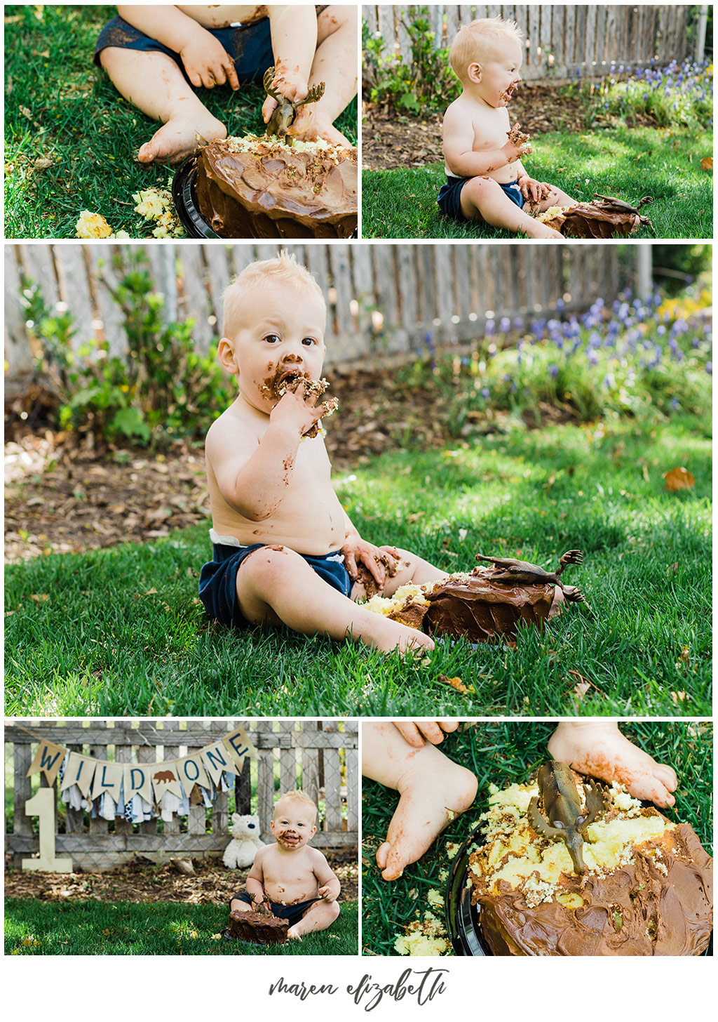 Outdoor, Wild One, little boy cake smash captured by Maren Elizabeth Photography. I love doing cake smashes outside because it makes clean up so easy! | Arizona Family Photographer