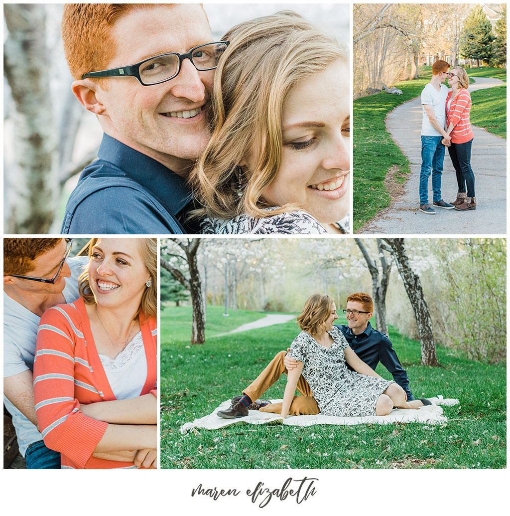 Provo river trail engagement pictures taken on the bridge behind the Riverwoods. It was the beginning of April and we got lucky and caught the blossoms without even trying! | Arizona Photographer | Maren Elizabeth Photography