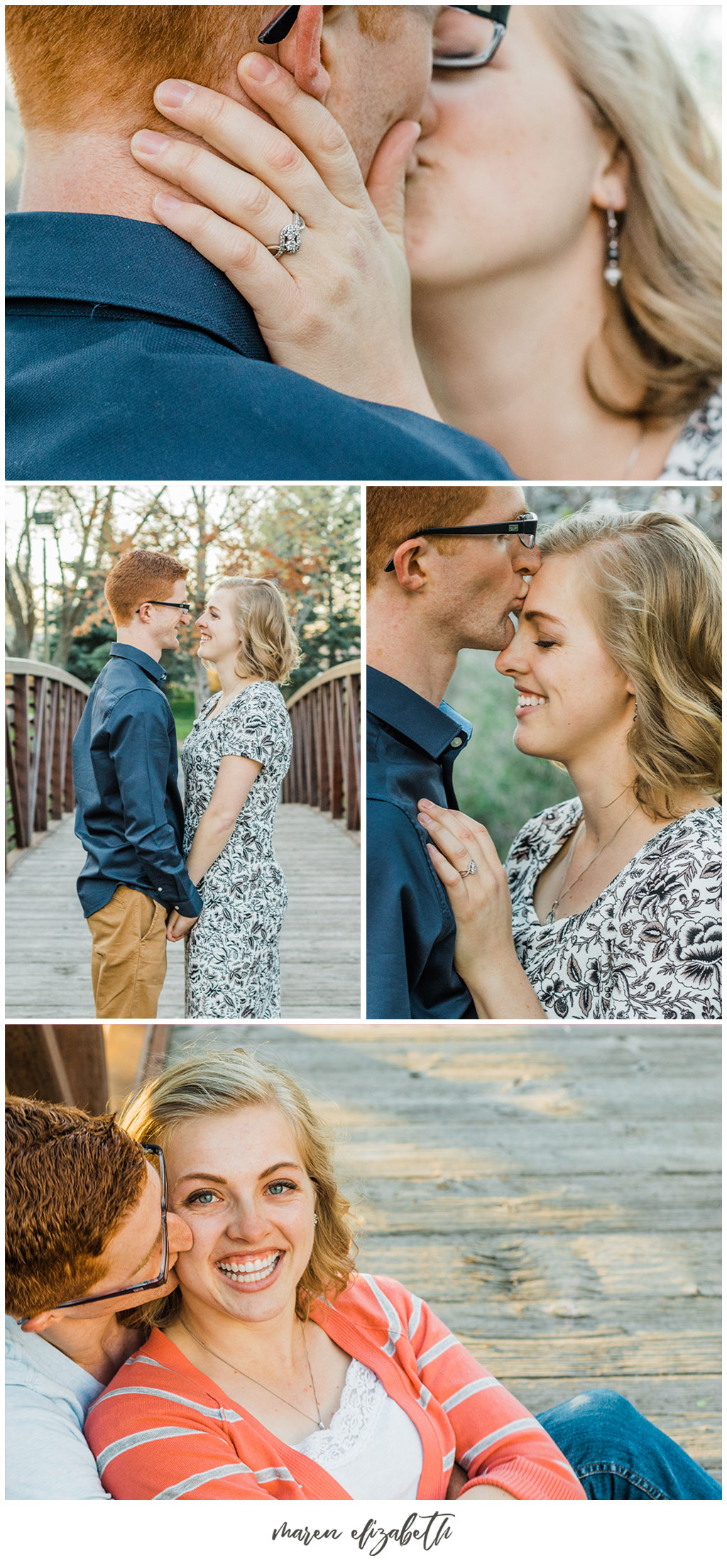 Provo river trail engagement pictures taken on the bridge behind the Riverwoods. It was the beginning of April and we got lucky and caught the blossoms without even trying! | Arizona Photographer | Maren Elizabeth Photography