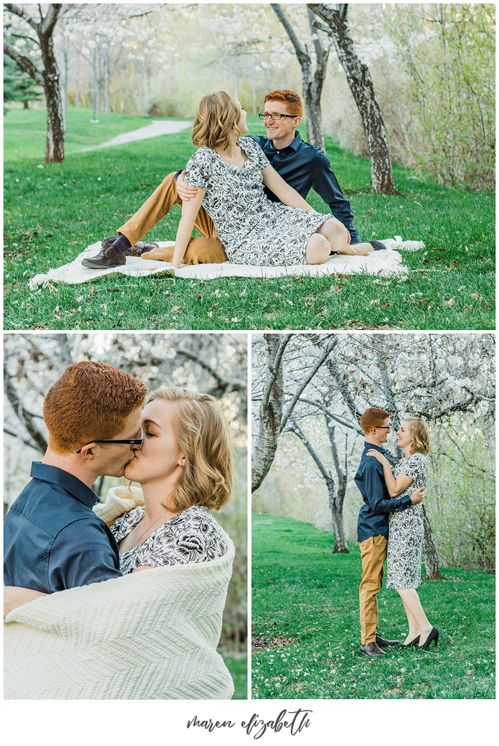 Provo river trail engagement pictures taken on the bridge behind the Riverwoods. It was the beginning of April and we got lucky and caught the blossoms without even trying! | Arizona Photographer | Maren Elizabeth Photography