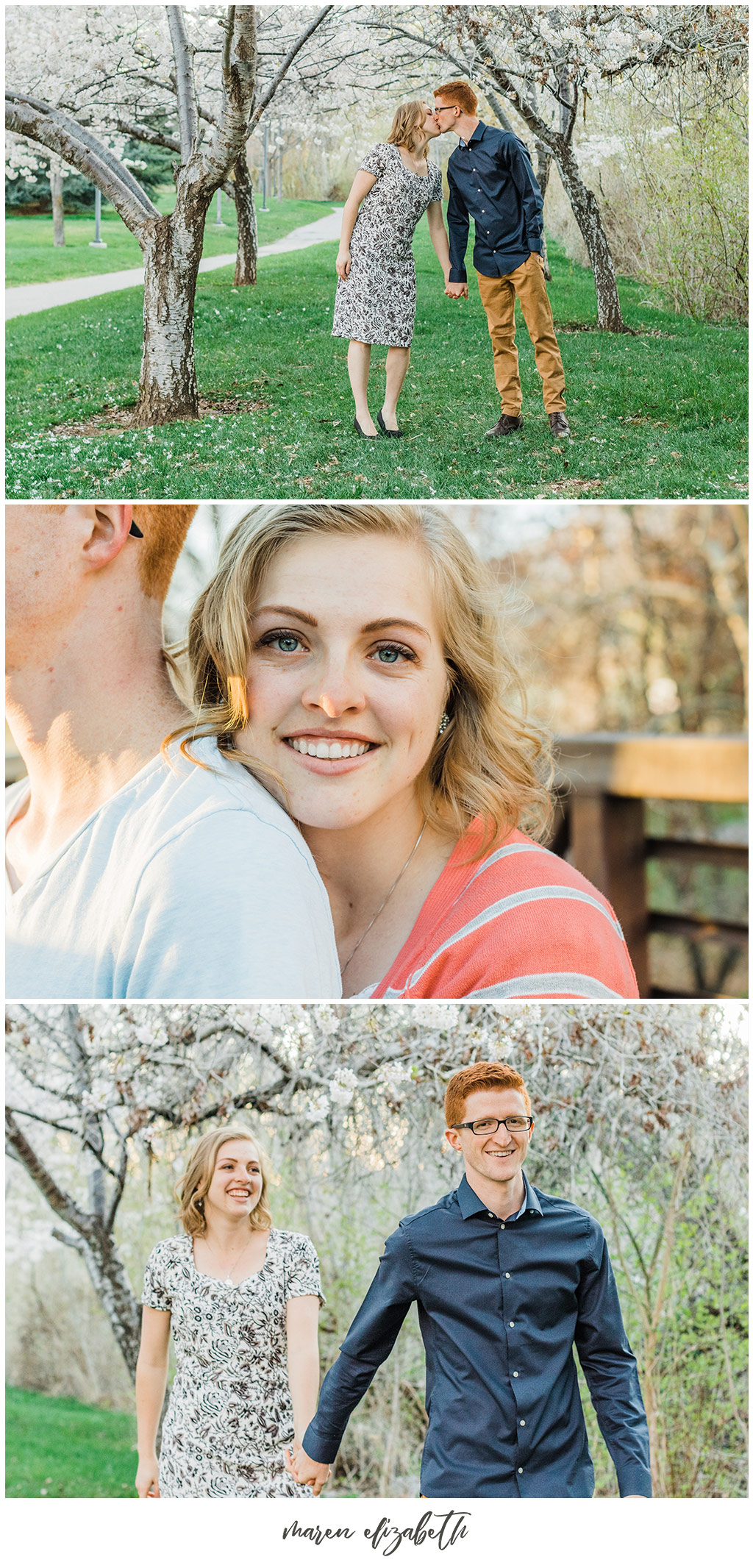 Provo river trail engagement pictures taken on the bridge behind the Riverwoods. It was the beginning of April and we got lucky and caught the blossoms without even trying! | Arizona Photographer | Maren Elizabeth Photography