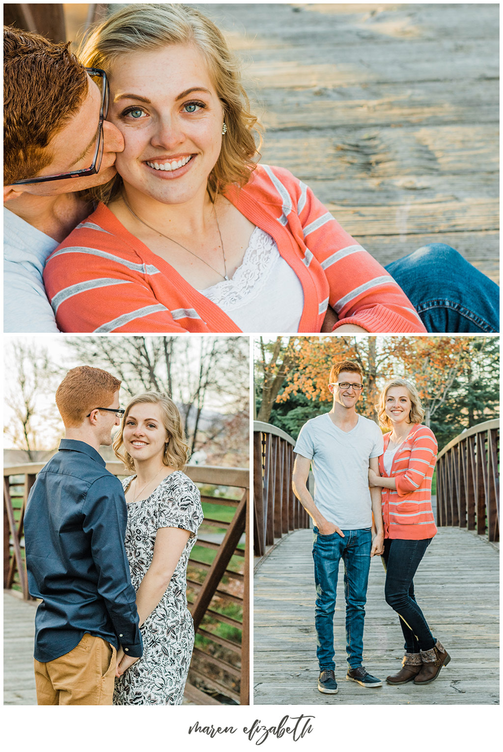 Provo river trail engagement pictures taken on the bridge behind the Riverwoods. It was the beginning of April and we got lucky and caught the blossoms without even trying! | Arizona Photographer | Maren Elizabeth Photography