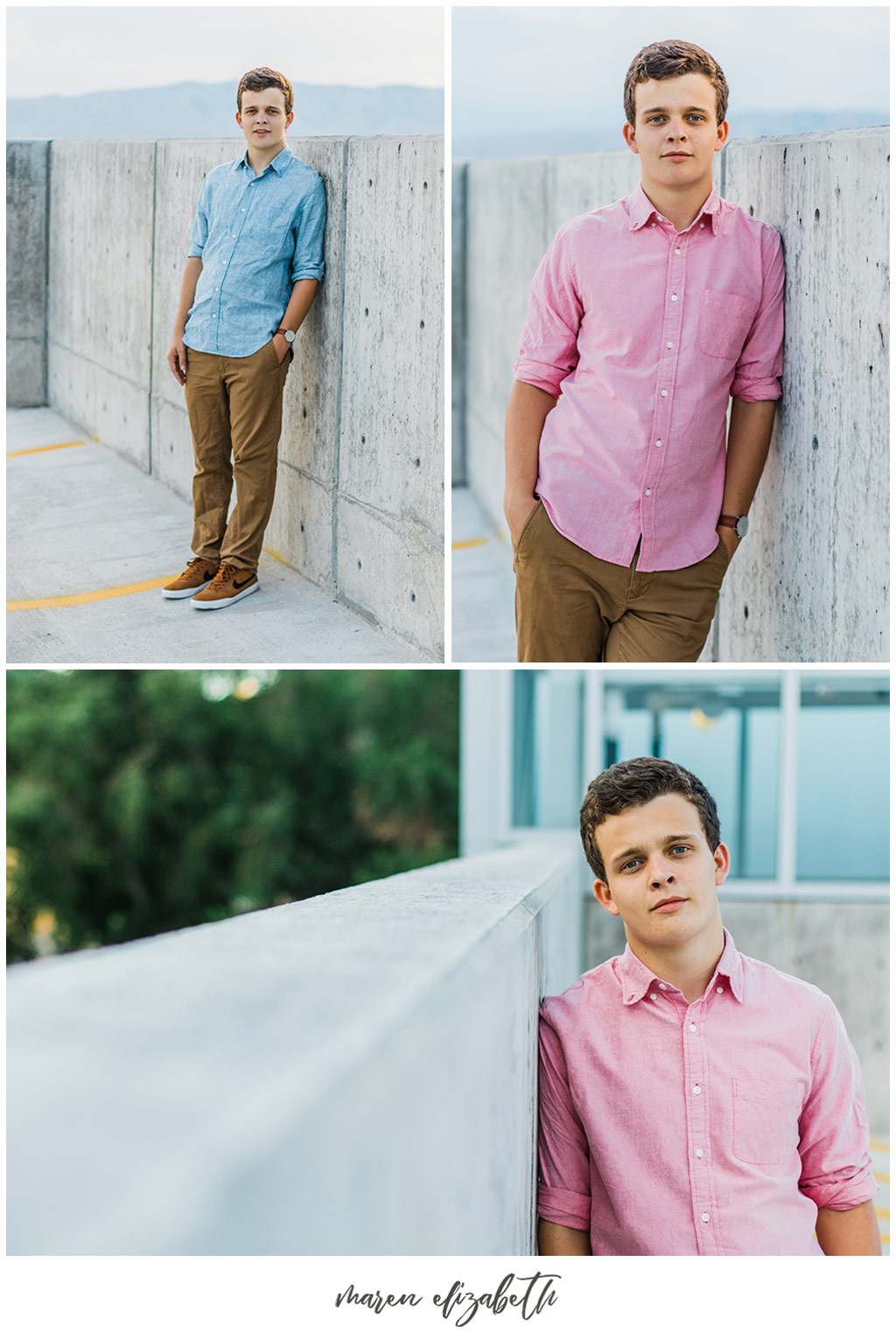 UVU boy senior pictures by Maren Elizabeth Photography taken on the top level of the Utah Valley University parking garage. | Arizona Senior Photographer