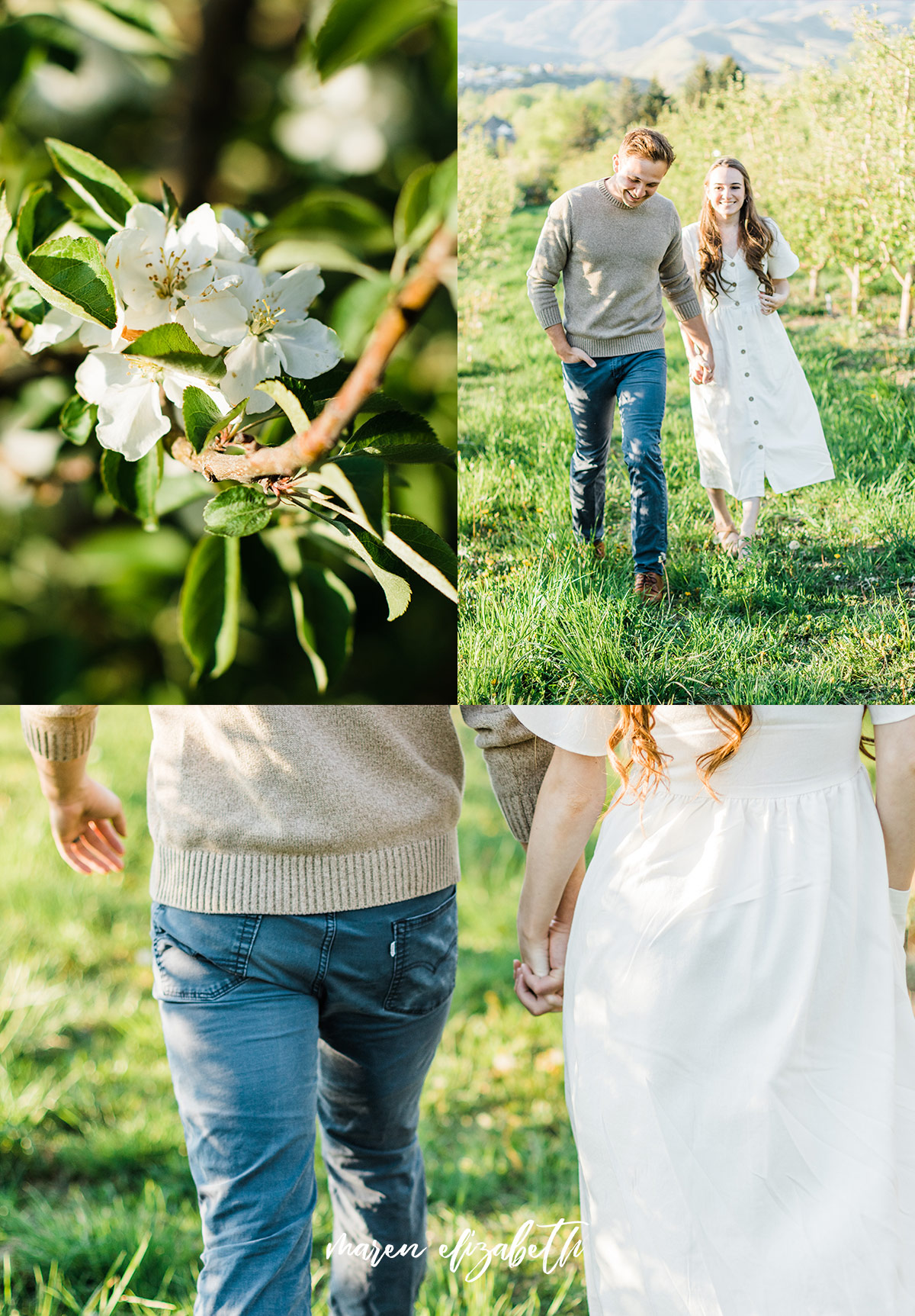 Spring engagement pictures at Burgess Orchards in Alpine, UT with a perfect view of the mountains. | Maren Elizabeth Photography