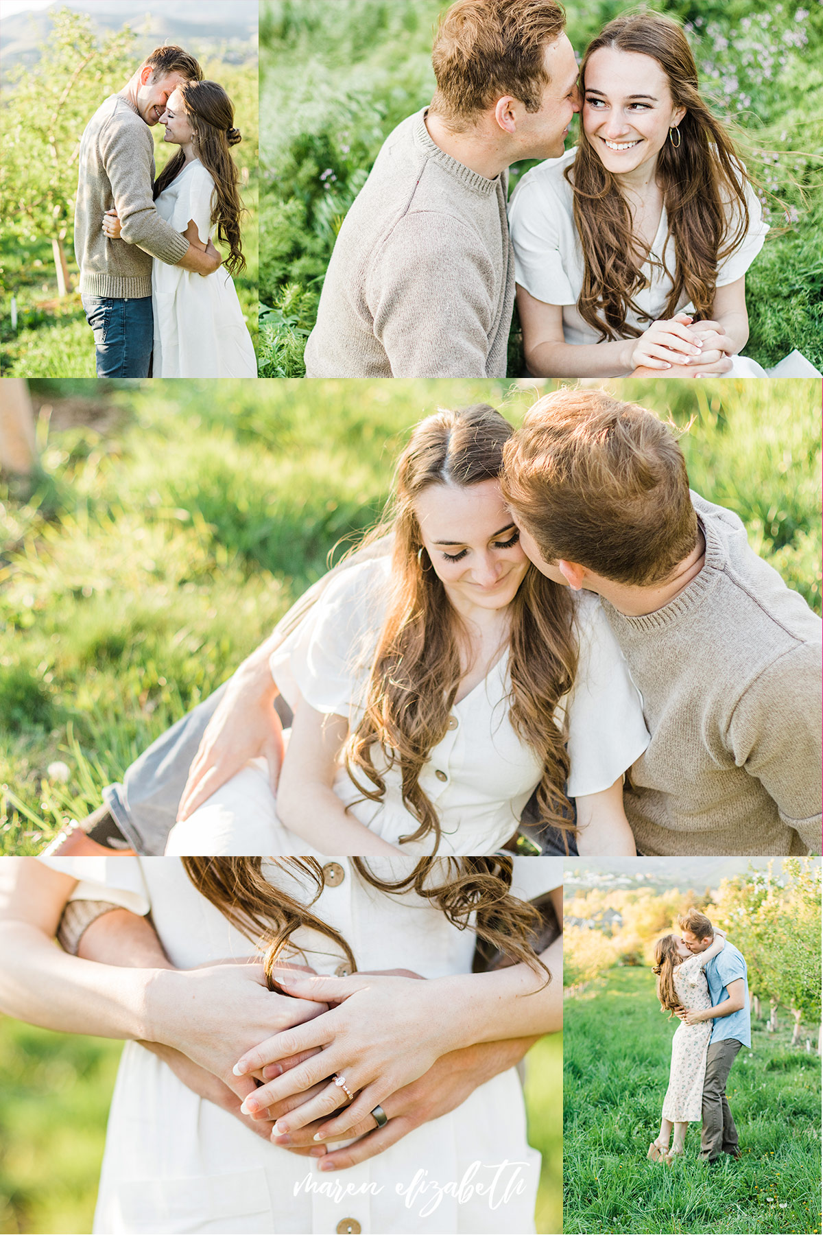 Spring engagement pictures at Burgess Orchards in Alpine, UT with a perfect view of the mountains. | Maren Elizabeth Photography