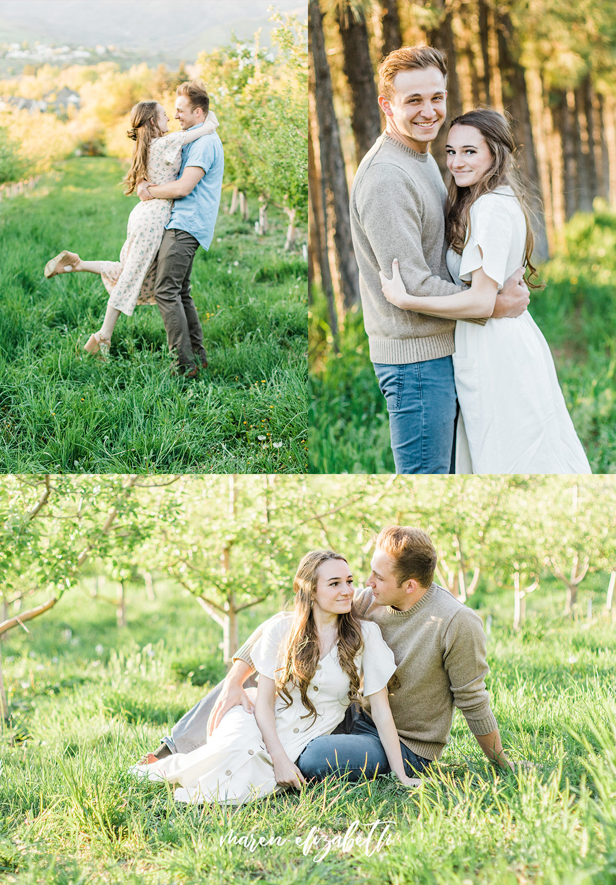 Spring engagement pictures at Burgess Orchards in Alpine, UT with a perfect view of the mountains. | Maren Elizabeth Photography