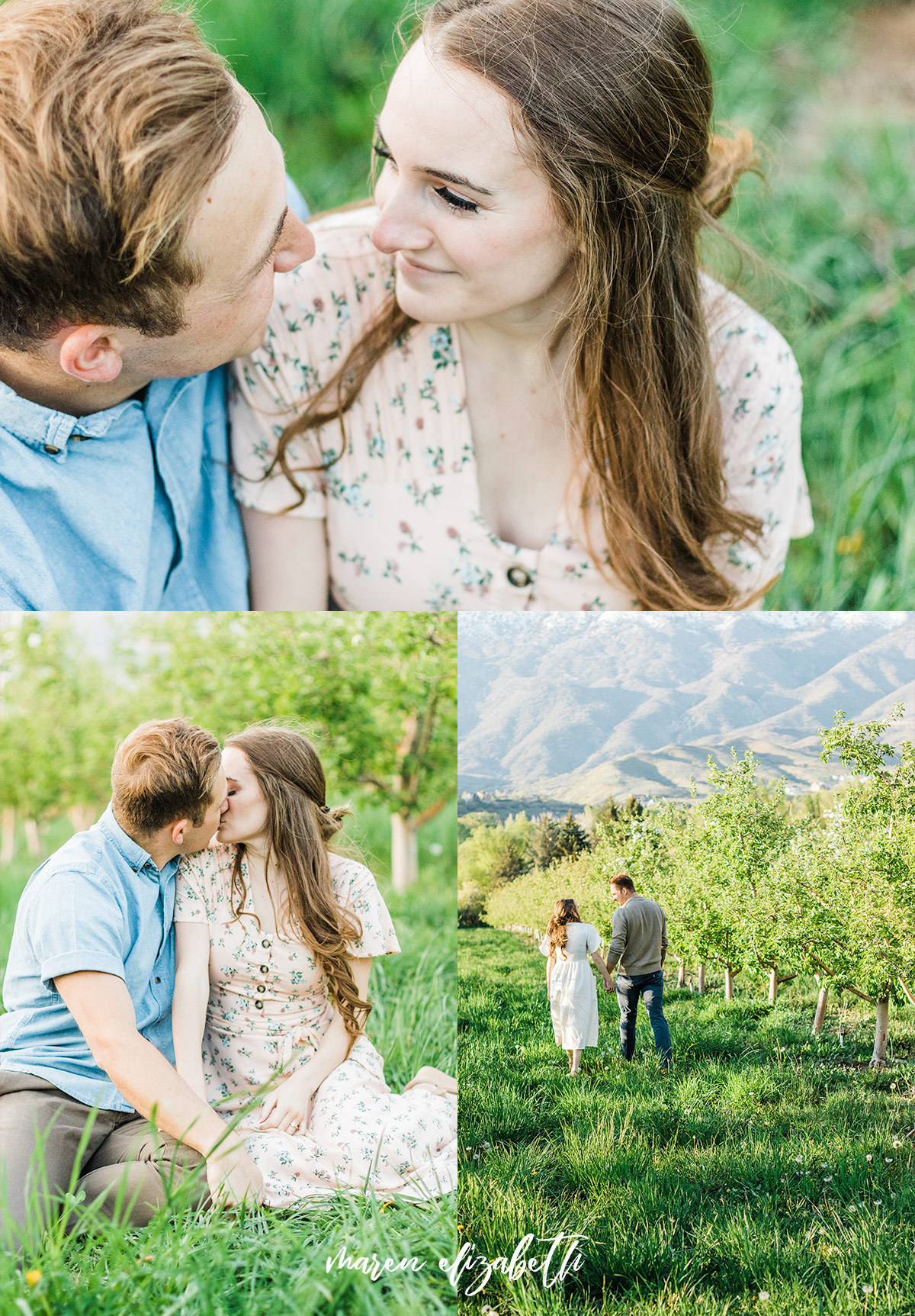 Spring engagement pictures at Burgess Orchards in Alpine, UT with a perfect view of the mountains. | Maren Elizabeth Photography