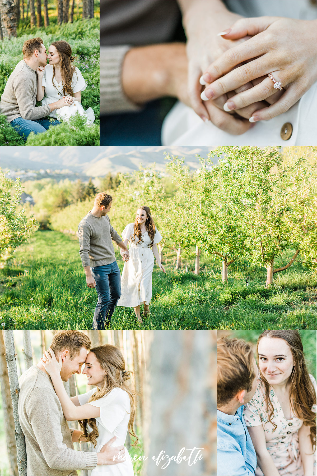 Spring engagement pictures at Burgess Orchards in Alpine, UT with a perfect view of the mountains. | Maren Elizabeth Photography