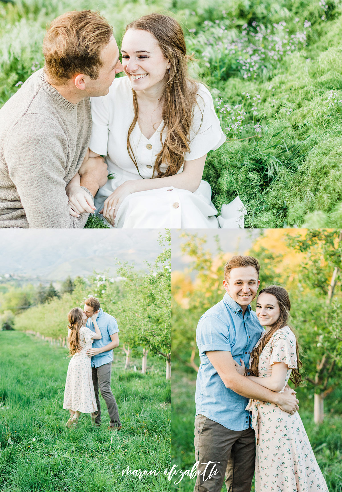 Spring engagement pictures at Burgess Orchards in Alpine, UT with a perfect view of the mountains. | Maren Elizabeth Photography