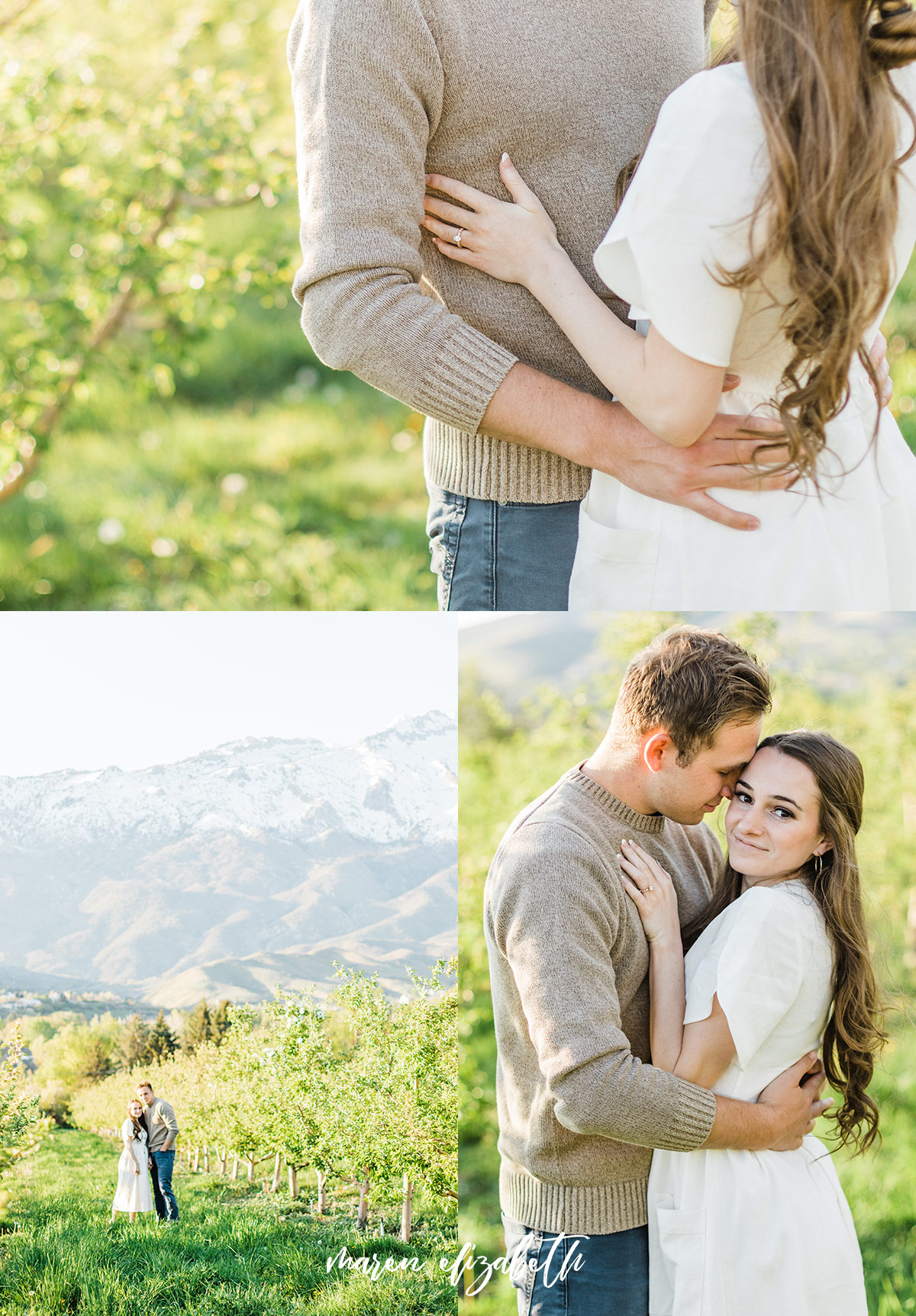 Spring engagement pictures at Burgess Orchards in Alpine, UT with a perfect view of the mountains. | Maren Elizabeth Photography